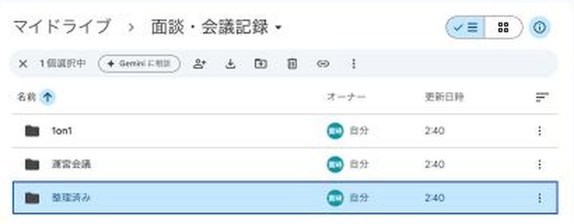 Driveの面談・会議記録フォルダの中に、1on1、運営会議、整理済みの3つのフォルダがある画面